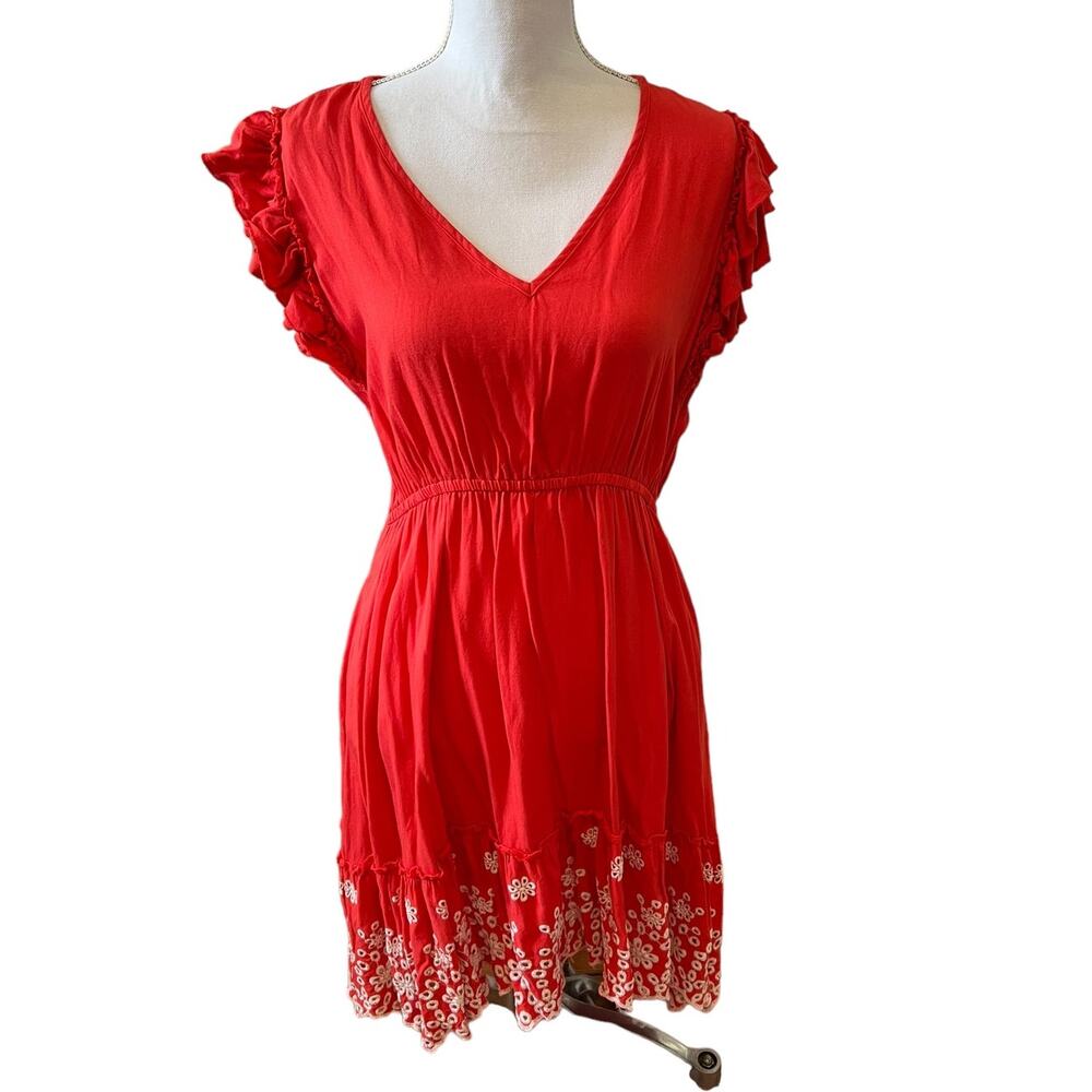 Solitaire Summer Eyelet Casual Short Sleeve Ruffle Detail Dress Deep Coral M